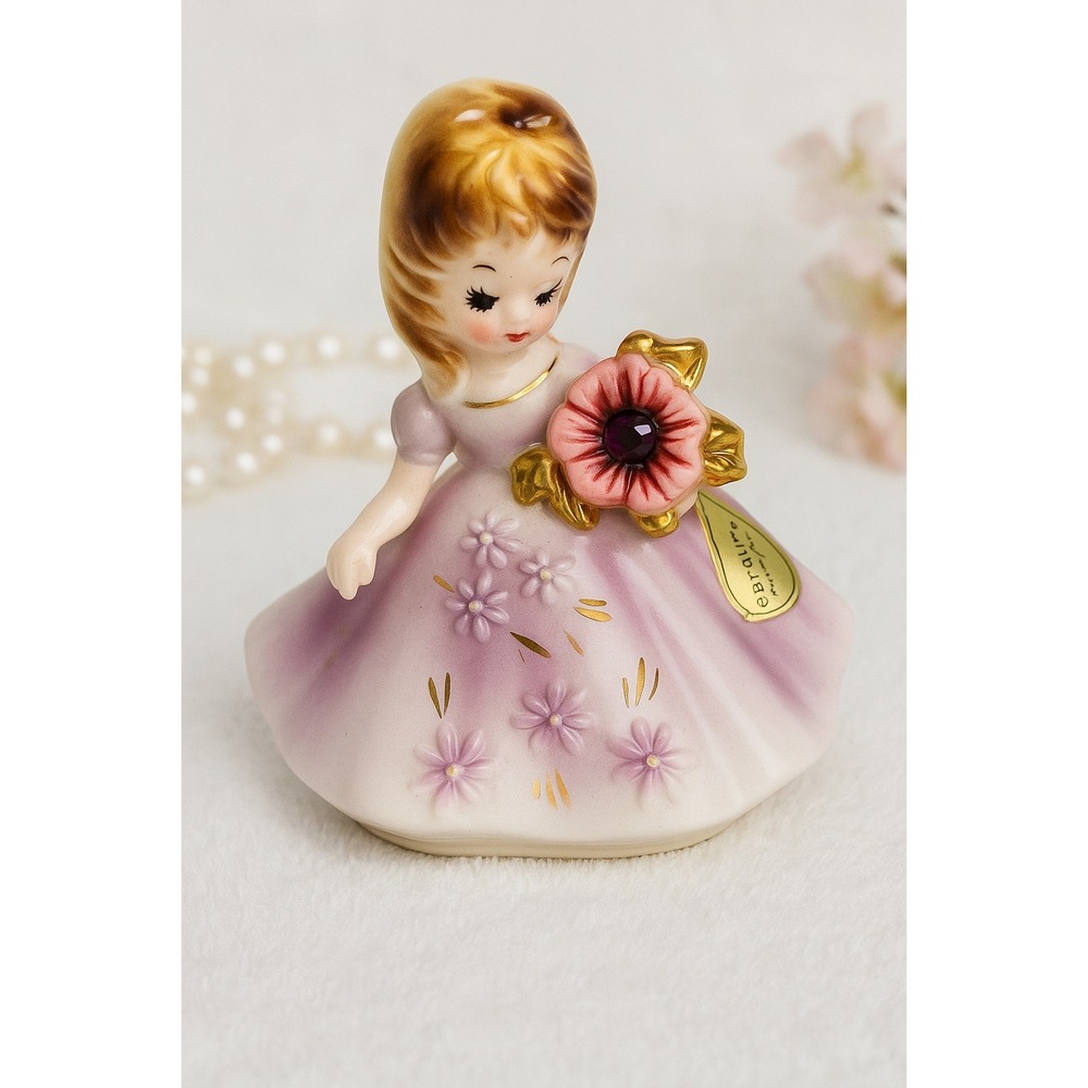 Josef Originals February Birthday Girl Figurine Amethyst Flower 5" Vintage